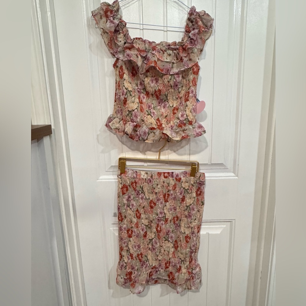 Floral Ruffle Crop Top and Skirt Set - Pink Multi